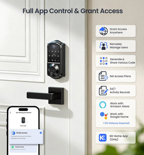 Experience effortless security with an 8-in-1 fingerprint smart lock featuring app control, mounted on a white door with a smartphone app displayed.