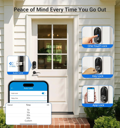Secure front door access with a 7-in-1 fingerprint smart lock featuring biometric unlock and app control on house entrance.