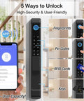 Six In One Smart Lock For Sliding Glass Doors With Fingerprint Passcode WiFi App RFID Card Physical Key And Time Limited One Time Code Supports Up To 300 Users Mortise Lock Set with smartphone app display