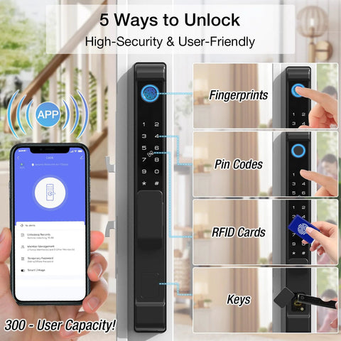 Six In One Smart Lock For Sliding Glass Doors With Fingerprint Passcode WiFi App RFID Card Physical Key And Time Limited One Time Code Supports Up To 300 Users Mortise Lock Set with smartphone app display