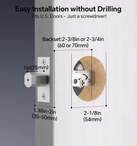 Smart fingerprint keypad deadbolt with handle set delivers keyless entry, rapid 0.3s fingerprint unlock, app control, and auto locking for secure, convenient access; easy DIY installation suits most standard front doors in a matte black finish, image showing installation measurements for fitting.