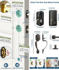 Smart Front Door Lock with app control and keyless entry, diagram showing dimensions and installation guide for secure access.