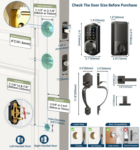 Smart Front Door Lock with app control and keyless entry, diagram showing dimensions and installation guide for secure access.