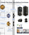 Diagram showing Built In WiFi Smart Lock With 2 Knobs Keyless Entry Front Door Handle Set and installation dimensions.