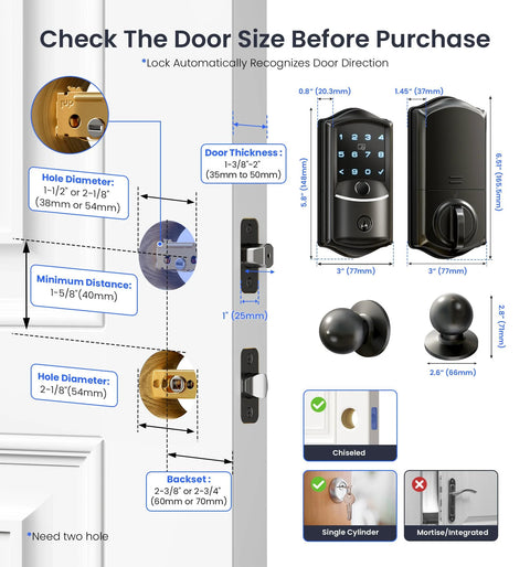 Diagram showing Built In WiFi Smart Lock With 2 Knobs Keyless Entry Front Door Handle Set and installation dimensions.