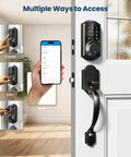 Smart Front Door Lock with app control and keyless entry on door showing multiple access methods including keypad and smartphone app.