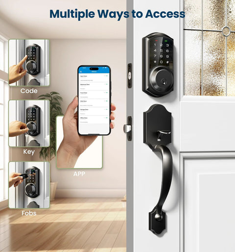 Smart Front Door Lock with app control and keyless entry on door showing multiple access methods including keypad and smartphone app.