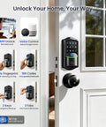 Built In WiFi Smart Lock With 2 Knobs Keyless Entry Front Door Handle Set For Hands Free Access Remote App Control Fingerprint Access Electronic Digital Keypad Deadbolt IP65 Weatherproof Matte Black installed on white door.