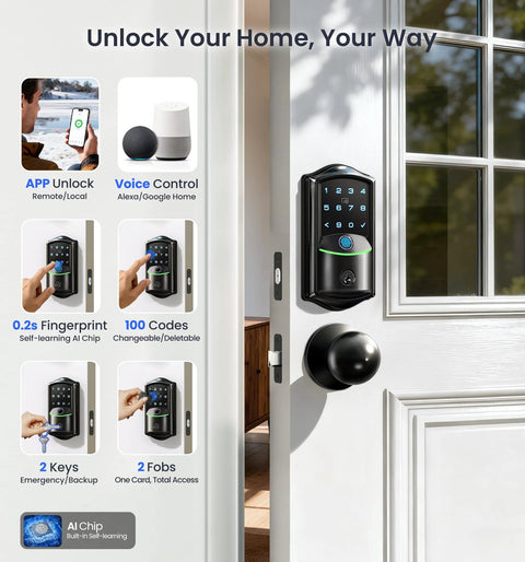 Built In WiFi Smart Lock With 2 Knobs Keyless Entry Front Door Handle Set For Hands Free Access Remote App Control Fingerprint Access Electronic Digital Keypad Deadbolt IP65 Weatherproof Matte Black installed on white door.