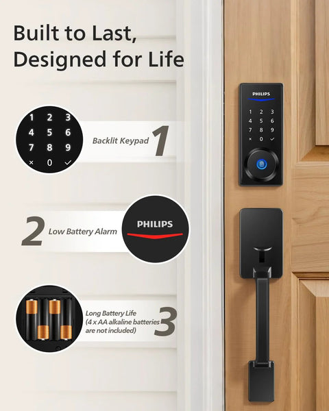 Keyless entry smart lock with a sturdy handle provides secure door access, remote control via the included gateway