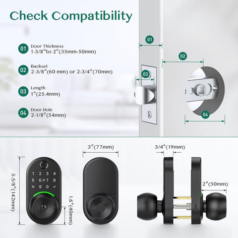 Image showing compatibility features of a keypad smart door lock with a durable aluminum body and knob handle for entry security upgrade.