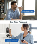 Man and woman using a smart fingerprint door lock with keypad and dual lever handles offers 0.3 second fingerprint unlock.