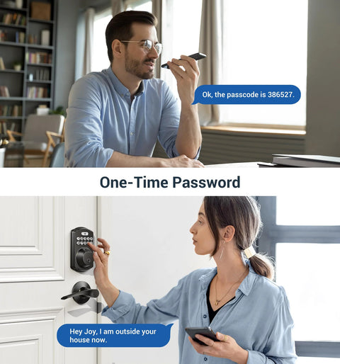 Man and woman using a smart fingerprint door lock with keypad and dual lever handles offers 0.3 second fingerprint unlock.