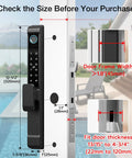 Six In One Smart Lock For Sliding Glass Doors With Fingerprint Passcode WiFi App RFID Card Physical Key And Time Limited One Time Code Supports Up To 300 Users Mortise Lock Set With Handle For Patio Doors, showing dimensions and compatibility for door frame.