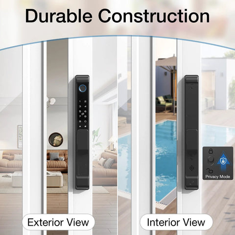 Exterior and interior view of Six In One Smart Lock For Sliding Glass Doors With Fingerprint Passcode WiFi App RFID Card.