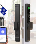Six In One Smart Lock For Sliding Glass Doors With Fingerprint Passcode WiFi App RFID Card Physical Key And Time Limited One Time Code Supports Up To 300 Users Mortise Lock Set With Handle For Patio Doors installed on door