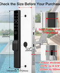 Sliding Door Smart Lock With Fingerprint And Six In One Access Pin Code RFID Card Physical Key App Control And One Time Code Durable Mortise Lock installed on glass door, showing dimensions.