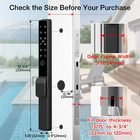 Sliding Door Smart Lock With Fingerprint And Six In One Access Pin Code RFID Card Physical Key App Control And One Time Code Durable Mortise Lock installed on glass door, showing dimensions.