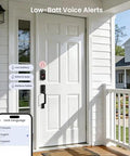 Experience effortless security with an 8-in-1 fingerprint smart lock featuring app control on a white front door.