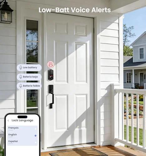 Experience effortless security with an 8-in-1 fingerprint smart lock featuring app control on a white front door.