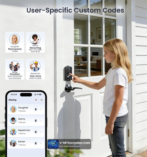 Experience effortless security with an 8-in-1 fingerprint smart lock featuring app control, used by child on white front door.