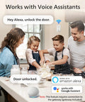 Family cooking in kitchen with voice assistant prompts, showing compatibility with Alexa and Google for keyless entry smart lock.