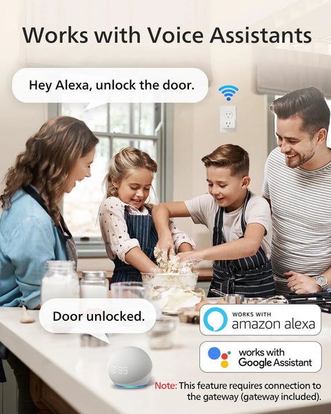 Family cooking in kitchen with voice assistant prompts, showing compatibility with Alexa and Google for keyless entry smart lock.