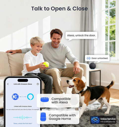 Father and son interacting with Alexa to unlock door, showing Built In WiFi Smart Lock With 2 Knobs Keyless Entry Front Door Handle Set features.