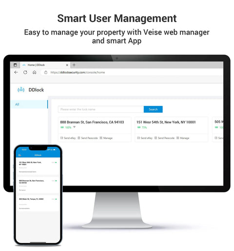 Secure front door access with a 7-in-1 fingerprint smart lock featuring biometric unlock, keypad entry, app control web interface