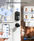 Built In WiFi Smart Lock With 2 Knobs Keyless Entry Front Door Handle Set For Hands Free Access Remote App Control Fingerprint Access Electronic Digital Keypad Deadbolt IP65 Weatherproof Matte Black