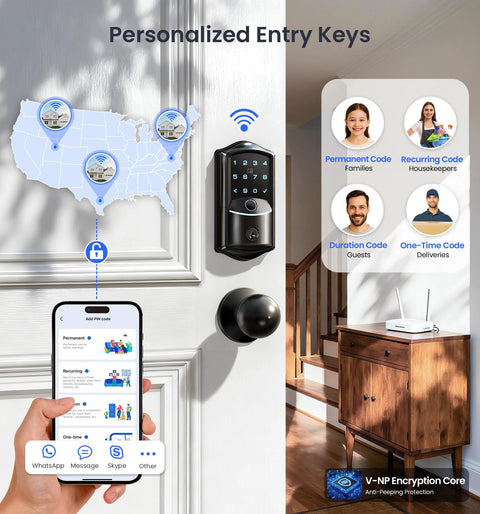 Built In WiFi Smart Lock With 2 Knobs Keyless Entry Front Door Handle Set For Hands Free Access Remote App Control Fingerprint Access Electronic Digital Keypad Deadbolt IP65 Weatherproof Matte Black