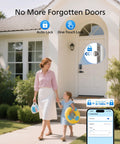 Smart WiFi Keypad Front Door Lock With Handle And Auto Lock For Keyless Entry And Voice And Fingerprint Unlock App Remote Control 2 4 GHz Connectivity Digital Front Door Lock Set For Enhanced Home Security installed on home door with woman and child outside.