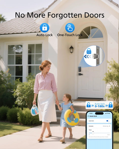 Smart WiFi Keypad Front Door Lock With Handle And Auto Lock For Keyless Entry And Voice And Fingerprint Unlock App Remote Control 2 4 GHz Connectivity Digital Front Door Lock Set For Enhanced Home Security installed on home door with woman and child outside.