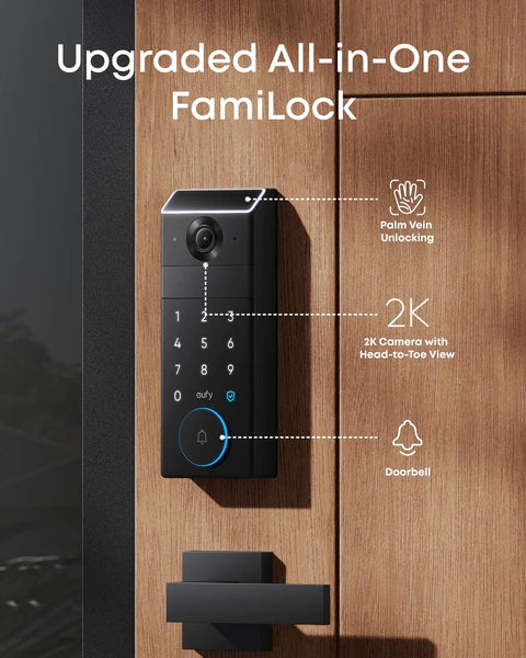 Palm vein recognition delivers true keyless entry with a 3-in-1 Wi-Fi keypad deadbolt, 2K HDR camera, and built-in doorbell for front doors.