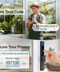 Six In One Smart Lock For Sliding Glass Doors With Fingerprint Passcode WiFi App RFID Card Physical Key And Time Limited One Time Code installed on patio door showing app access.