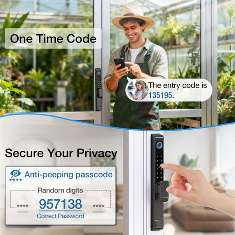 Six In One Smart Lock For Sliding Glass Doors With Fingerprint Passcode WiFi App RFID Card Physical Key And Time Limited One Time Code installed on patio door showing app access.