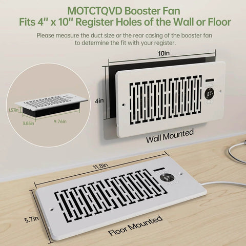 Diagram showing Smart 10 Speed Register Booster Fan for 4x10 inch registers, wall and floor mounted, with dimensions indicated.