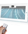 Ultra Quiet 10 Speed Smart Register Booster Fan For 6x12 Duct Opening Cutout With Remote Control Programmable Thermostat Energy Saving HVAC Vent Booster For Wall Or Floor Registers Corded White By VELLEE showing front view with remote control.