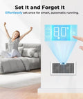 Room with thermostat display above a wall-installed Ultra Quiet 10 Speed Smart Register Booster Fan For 6x12 Duct Opening Cutout With Remote Control Programmable Thermostat Energy Saving HVAC Vent Booster For Wall Or Floor Registers Corded White By VELLEE.
