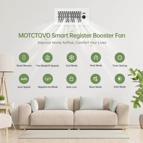 Smart 10 Speed Register Booster Fan for 4x10 inch registers with thermostat and remote control installed on wall above sofa.