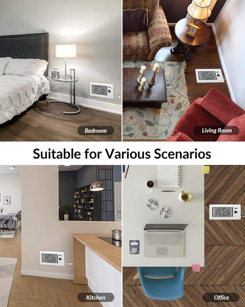 Smart Register Vent Fan For 4 By 10 Inch Register Holes With Ultra Quiet Operation Dual Intelligent Thermostat And WiFi App Control Heating And Cooling HVAC Airflow Booster Eliminates Cold Or Hot Spots Energy Saving Comfort White shown in bedroom, living room, kitchen, and office scenarios.
