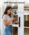 Woman using Six In One Smart Lock For Sliding Glass Doors With Fingerprint Passcode WiFi App RFID Card on patio door.