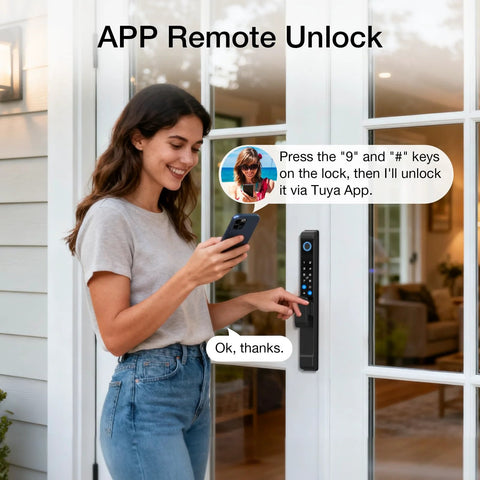Woman using Six In One Smart Lock For Sliding Glass Doors With Fingerprint Passcode WiFi App RFID Card on patio door.