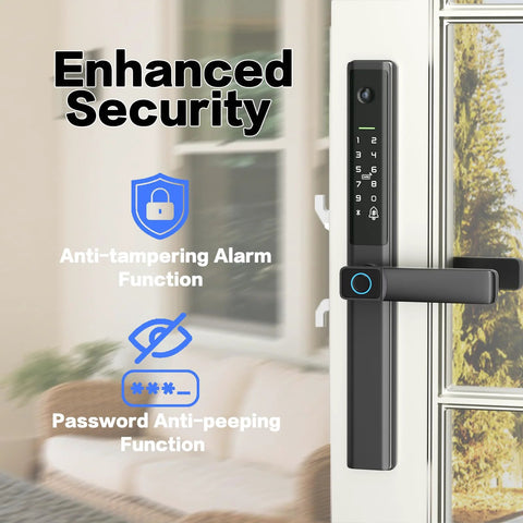 Keyless Sliding Door Lock With Handle For Patio And Glass Doors Featuring Fingerprint Code RFID Card Keypad App Remote Control Slim Frame installed on door