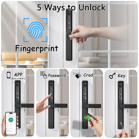 Keyless Sliding Door Lock With Handle For Patio And Glass Doors Featuring Fingerprint Code RFID Card Keypad App Remote Control Slim Frame