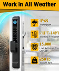 Sliding Glass Door Lock With Five Unlock Methods Including Fingerprint Passcode RFID Card Bluetooth App And Backup Key For Keyless Entry And Smart Access On Patio Doors With Handle And Suitable For Various Door Thicknesses with handle on patio door showing weatherproof and durability features.
