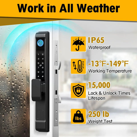 Sliding Glass Door Lock With Five Unlock Methods Including Fingerprint Passcode RFID Card Bluetooth App And Backup Key For Keyless Entry And Smart Access On Patio Doors With Handle And Suitable For Various Door Thicknesses with handle on patio door showing weatherproof and durability features.