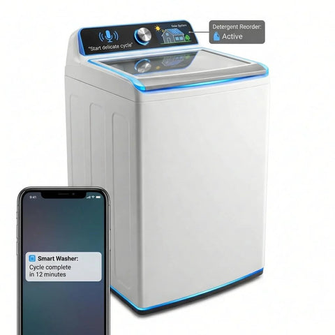 4.5 Cu Ft Top Load Washer With Triple Action Impeller For Tough Dirt And Stains Reducing Laundry Time With Accela Wash And Express Wash Energy Star Efficient Performance Ideal For Family Laundry Rooms Apartments And Dorms in laundry room with smart features and detergent reordering display