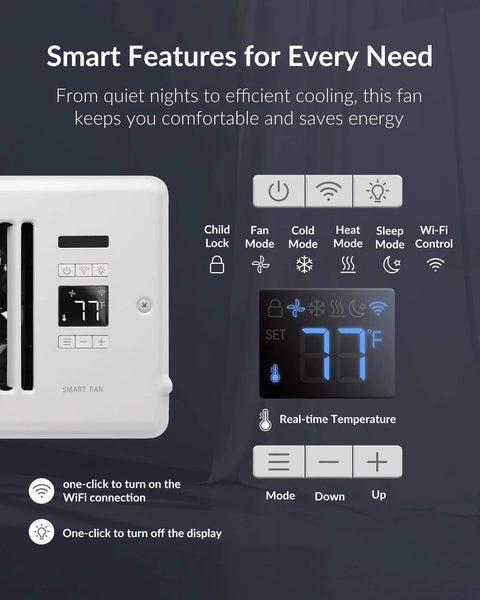 Smart Register Vent Fan For 4 By 10 Inch Register Holes With Ultra Quiet Operation showing control panel and WiFi features.
