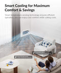 Smart Register Vent Fan For 4 By 10 Inch Register Holes With Ultra Quiet Operation Dual Intelligent Thermostat And WiFi App Control Heating And Cooling HVAC Airflow Booster Eliminates Cold Or Hot Spots Energy Saving Comfort White installed in living room wall, with family using app control on sofa.